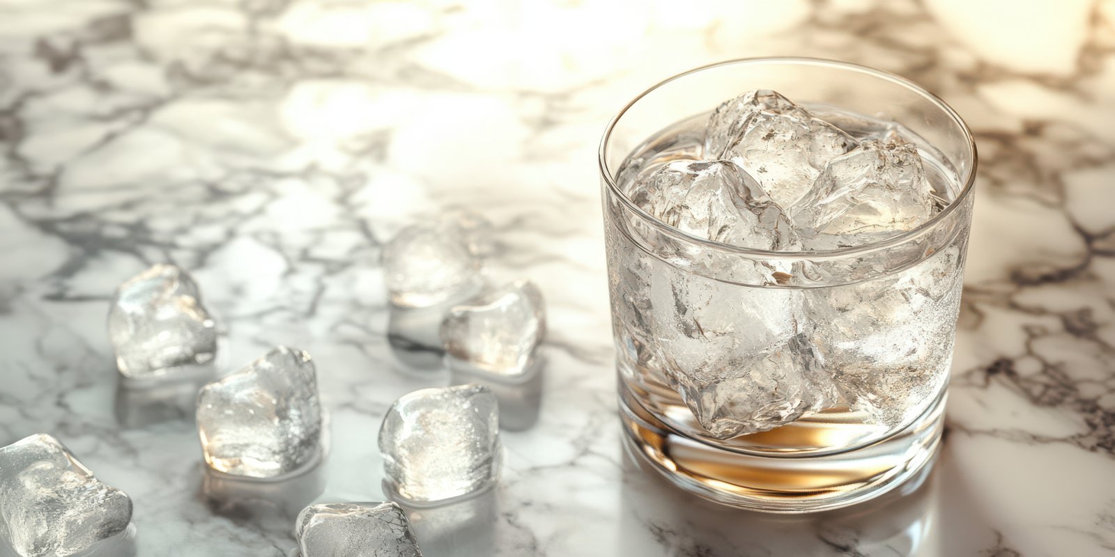 Refreshing drink served with ice cubes on a marble countertop during a bright afternoon